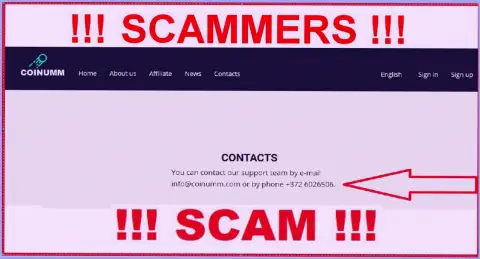 Coinumm phone number is listed on the crooks website