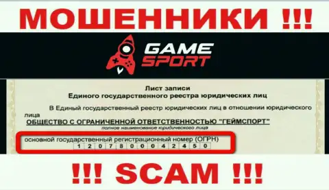 Регистрационный номер конторы, которая владеет GameSport - 1207800042450